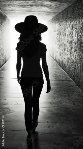 A black and white image captures a lone female figure walking away from the camera