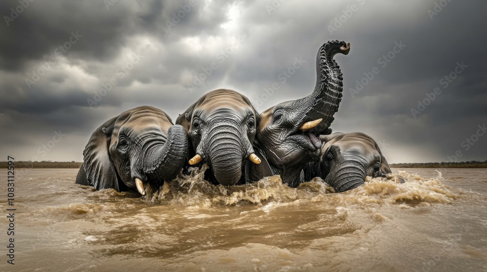 Fototapeta premium Playful Elephants Splashing in a River Under Dramatic Stormy Sky, Captivating Wildlife Scene with Majestic Creatures in Their Natural Habitat