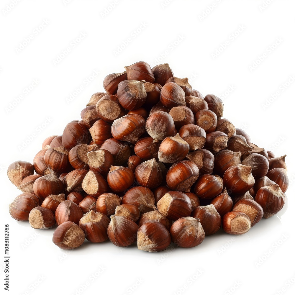 Obraz premium A pile of brown hazelnuts against a white background.