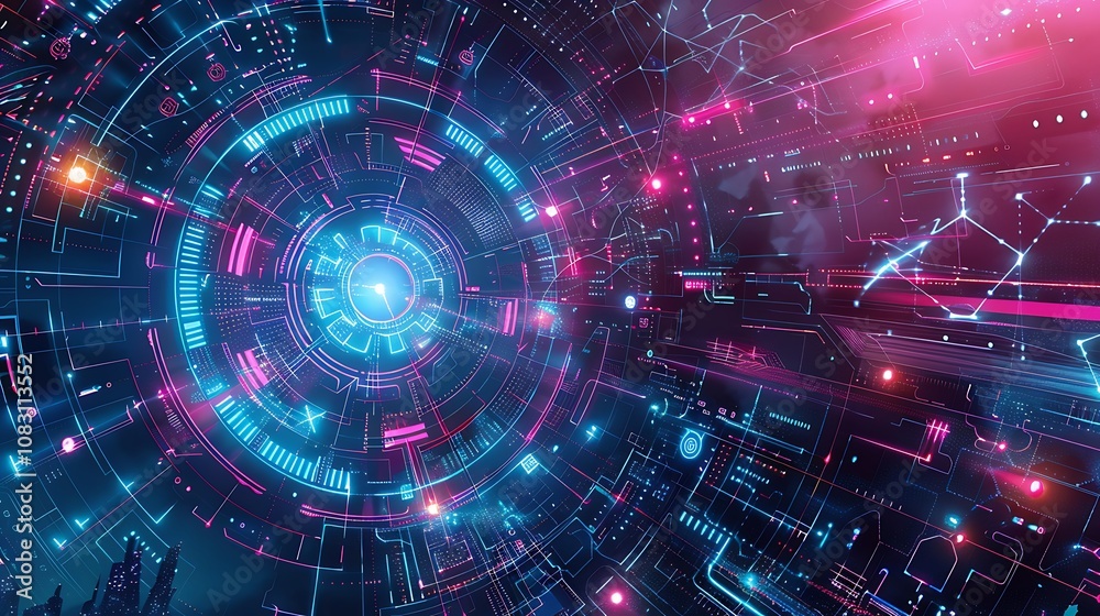 Obraz premium A vibrant, futuristic digital interface with abstract patterns and glowing elements.