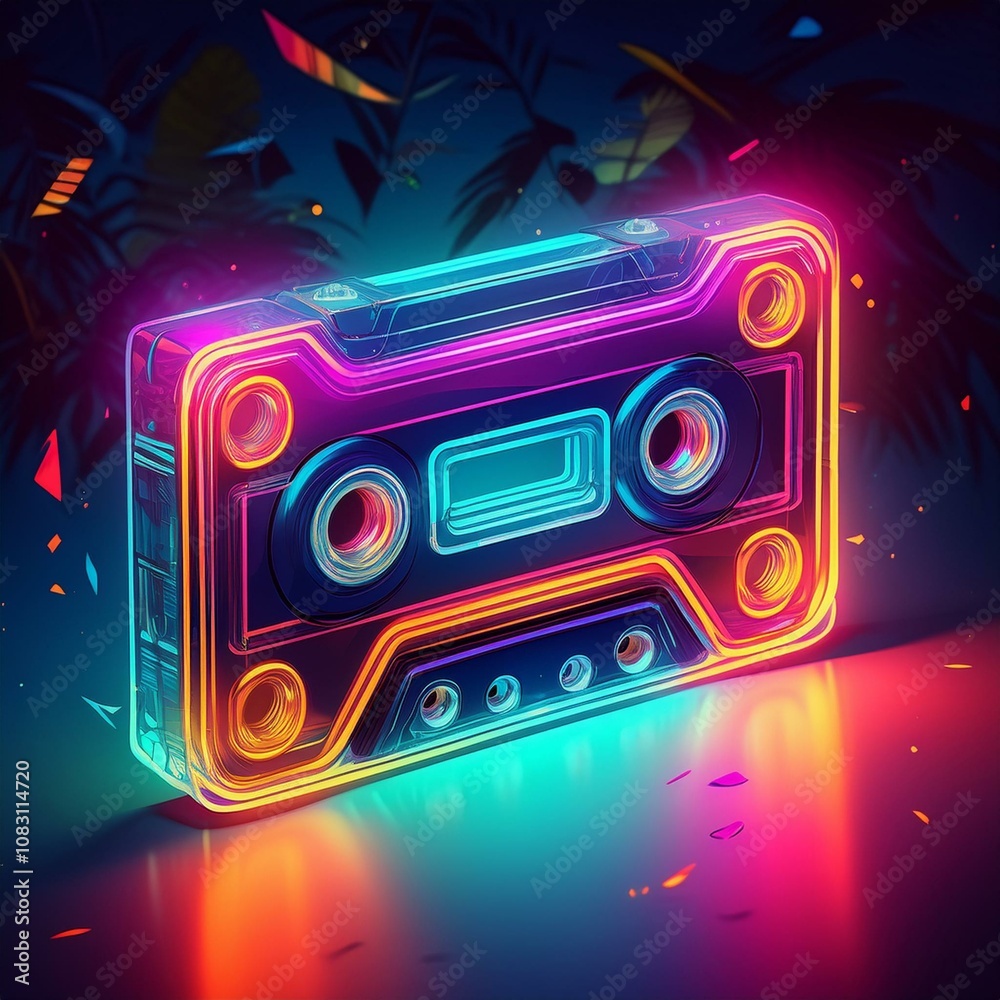 Obraz premium Neon cassette. 90s nostalgia. Listening to music