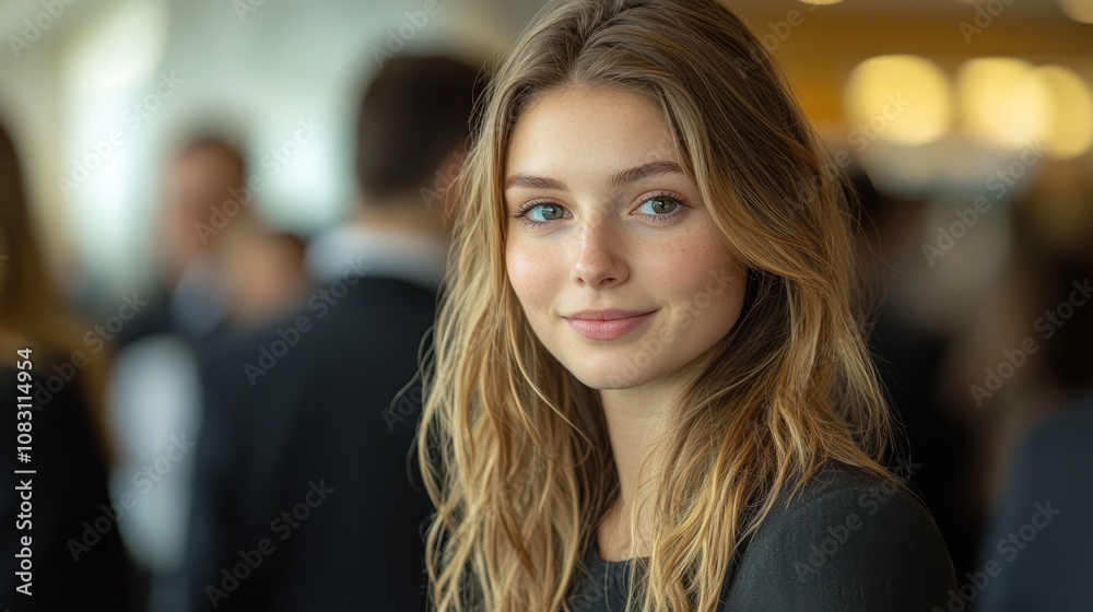 Obraz premium The young woman converses with other attendees in a dynamic networking event, highlighting professional interactions in a contemporary setting