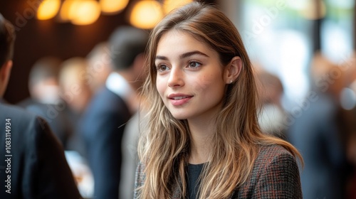 Wallpaper Mural A young woman talks animatedly with professionals in a stylish networking venue, highlighting collaboration and connection Torontodigital.ca