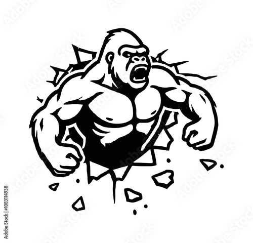 gorilla break wall engraving black and white outline