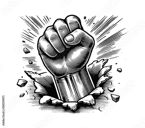 fist breaking through a surface wall engraving black and white outline