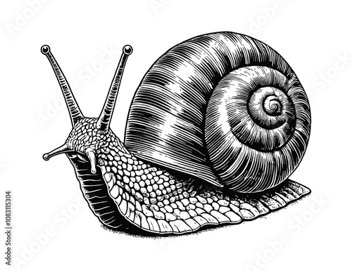 snail engraving black and white outline