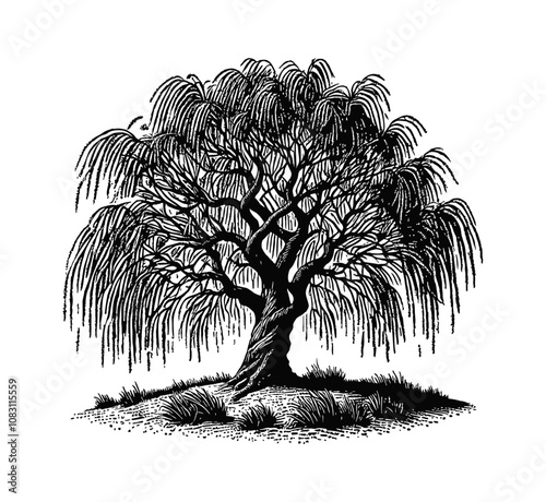 Babylon willow tree engraving black and white outline