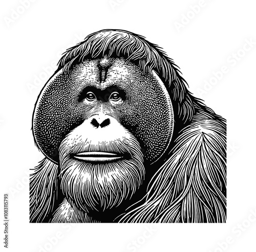 orangutan head engraving black and white outline