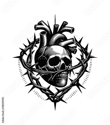 skull love thorny branches engraving black and white outline