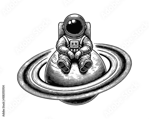 astronaut sitting on a planet with rings engraving black and white outline