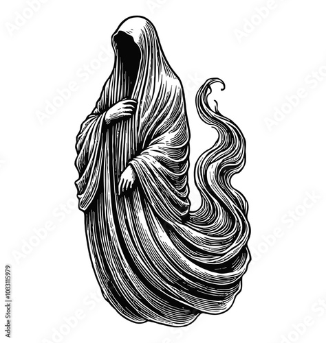 ghost hood robe fly engraving black and white outline