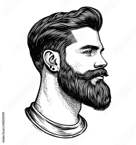 bearded hipster portrait engraving black and white outline