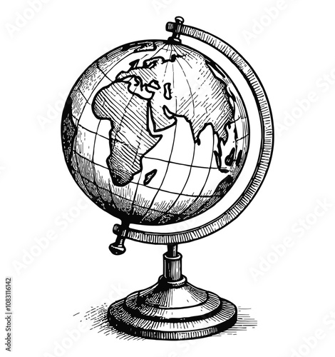earth globe engraving black and white outline