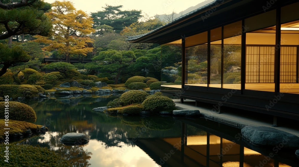 Fototapeta premium Tranquil Japanese Garden at Sunset with Reflections, Stone Pathways, Lush Greenery, and Traditional Architecture Emphasizing Natural Beauty and Serenity