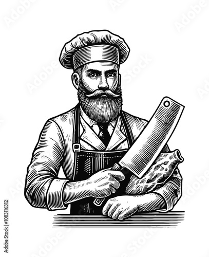 retro butcher holding cleaver knife engraving black and white outline