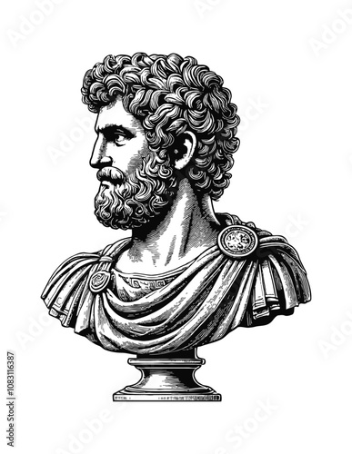 Roman Emperor bust engraving black and white outline