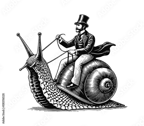 gentleman riding giant snail engraving black and white outline