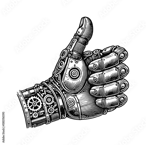robotic hand giving a thumbs up engraving black and white outline