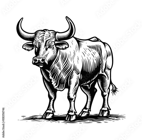 Spanish Fighting Bull engraving black and white outline