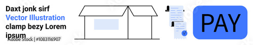 House icon next to a sequence of receipts and a blue PAY button. Ideal for financial services, e-commerce, online payments, invoicing platforms, mobile banking, fintech apps, billing systems