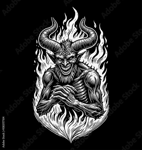 devil man flames engraving black and white outline