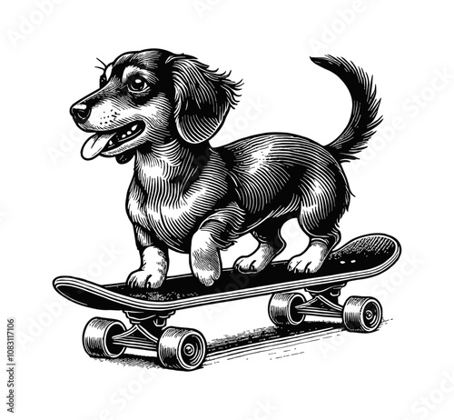 dachshund dog riding a skateboard engraving black and white outline