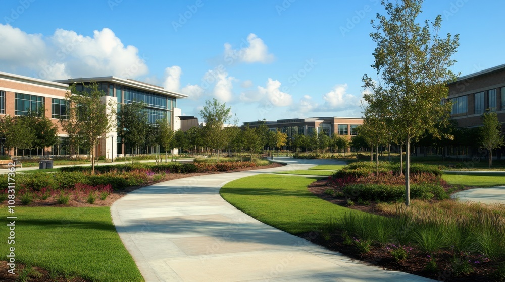 Fototapeta premium Serene Pathway Through Lush Greenery Leading to Modern Buildings Under a Clear Blue Sky in a Peaceful Outdoor Environment