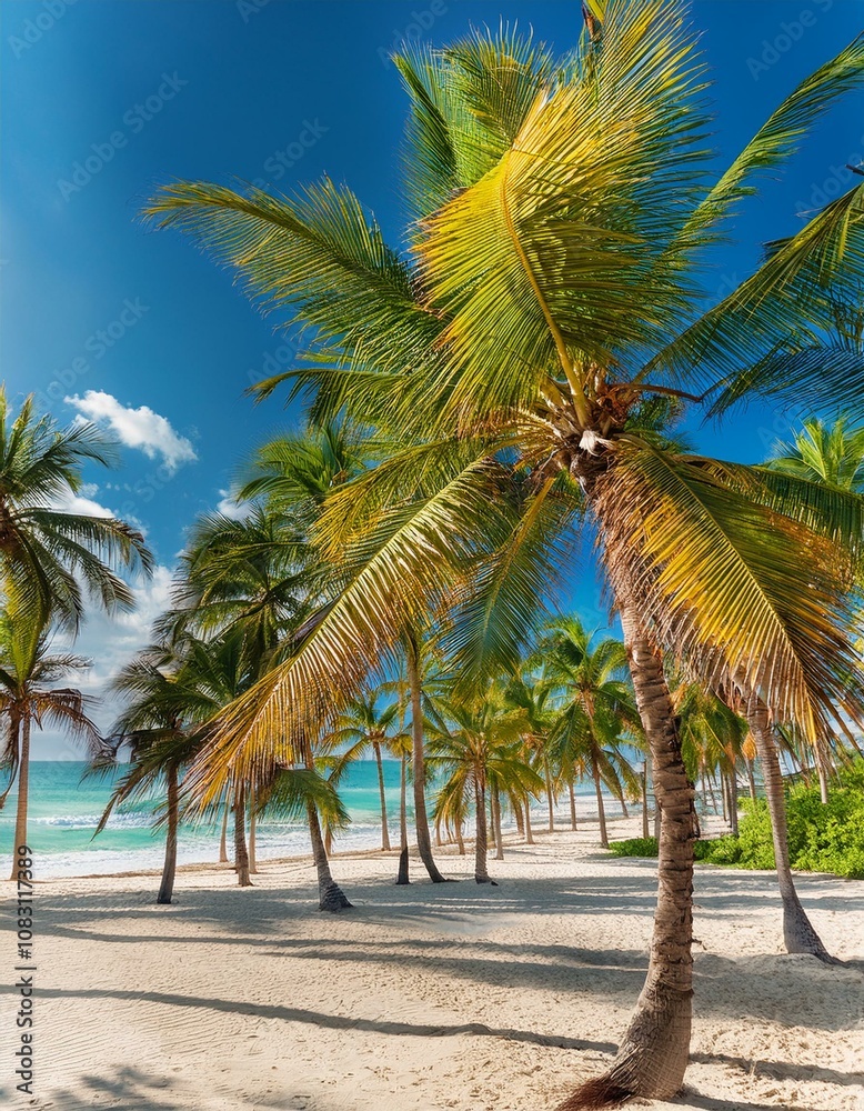 Fototapeta premium Tropical Beach Paradise with Palm Trees and Clear Blue Sky