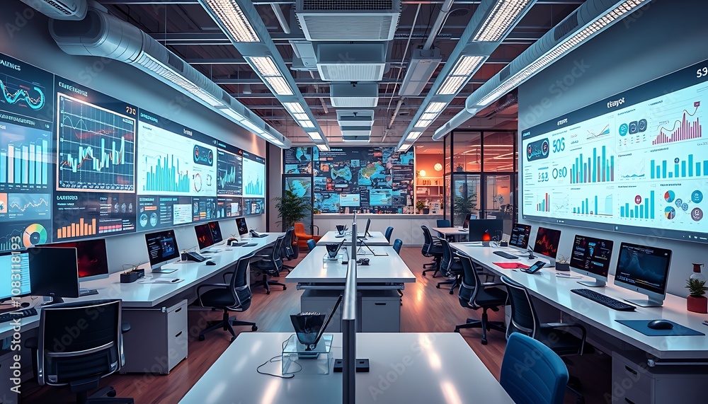 Fototapeta premium A futuristic startup office space filled with vibrant energy, featuring sleek, transparent digital dashboards on walls and desks, showcasing a kaleidoscope of business analytics.