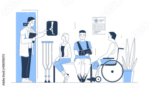 Traumatology injury concept. Men and women in wheelchair with cast on leg in line to see traumatologist. Diagnosis and treatment. Linear vector illustration isolated on white background