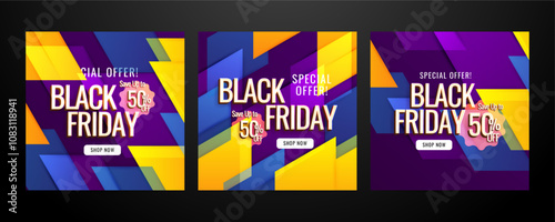 Modern Black Friday Promotional Banners With Bold Colors. Set of Three Black Friday Banners Featuring Vibrant Designs and Bold Text to Emphasize Special Offers