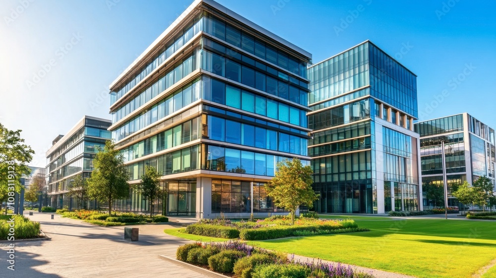 Obraz premium Modern Business District Featuring Sleek Glass Buildings Surrounded by Lush Green Landscapes and Well-Manicured Gardens with Clear Blue Sky