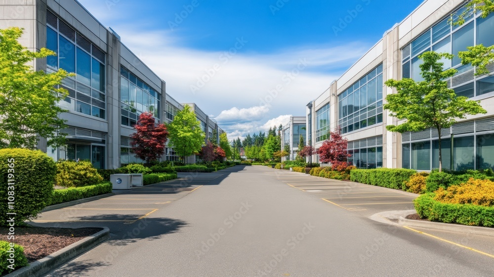 Fototapeta premium Modern Business Complex Surrounded by Lush Greenery under a Bright Blue Sky, Showcasing Contemporary Architecture and Well-Maintained Landscaping