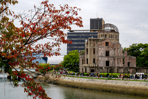 The ruins of the Hiroshima atomic bomb dome under an Autumn cloudy sky