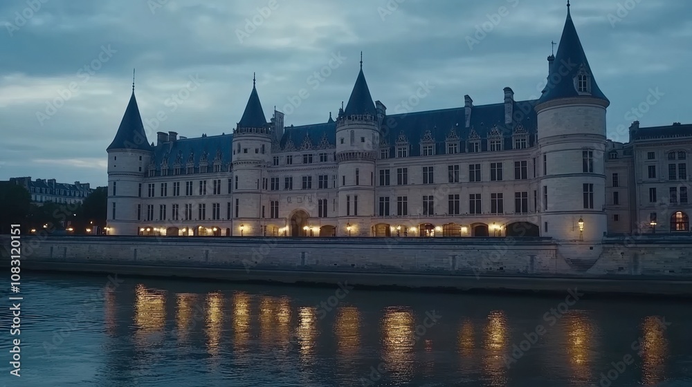 Fototapeta premium Enchanting evening view of a historic castle reflected in the tranquil waters, showcasing its stunning architecture against a twilight sky in a serene setting