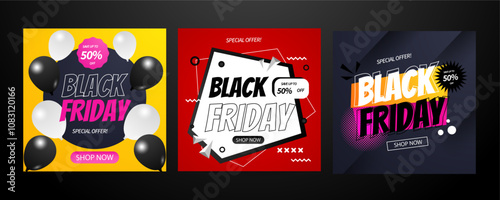 Modern Black Friday Promotional Banners With Bold Colors. Set of Three Black Friday Banners Featuring Vibrant Designs and Bold Text to Emphasize Special Offers