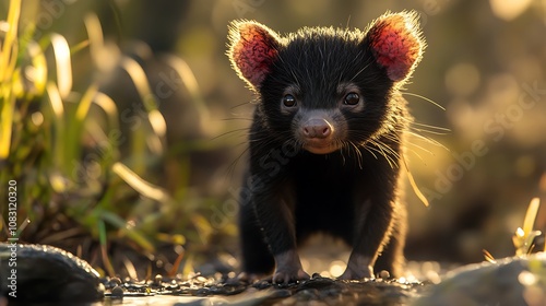 Wild Tasmanian Devil Sarcophilus Harrisii captured in the bushland. photo