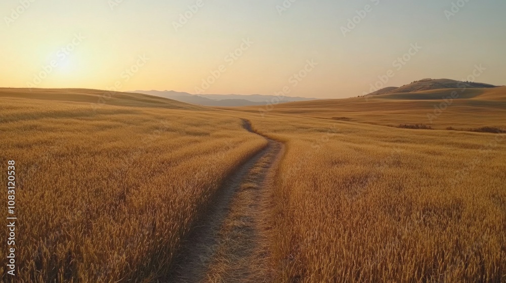 Fototapeta premium Golden fields stretching under a serene sunset glow