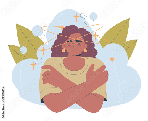 Sick woman concept. Young girl with headache. Colds and flu, migraine. Illness and pain, sickness. Healthcare and medicine. Flat vector illustration isolated on white background