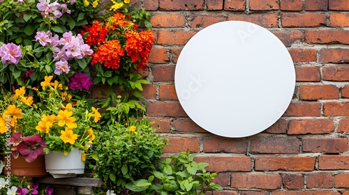 Blank circle sign mockup on brick wall with flowers.