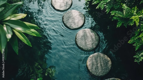 Serene stepping stones across a tranquil reflective water surface