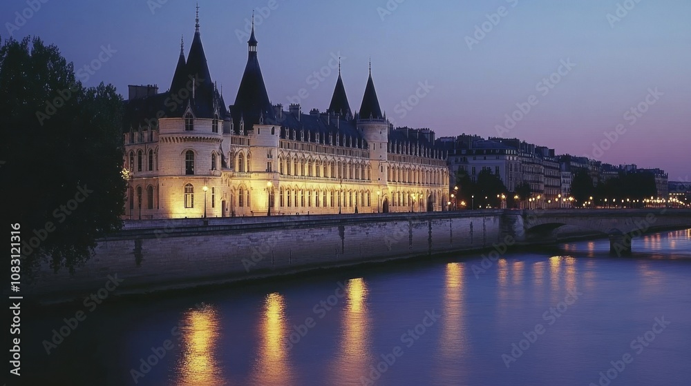 Obraz premium Scenic Evening View of Historic Architecture by River with Illuminated Buildings and Calm Water Reflections Under a Twilight Sky in Paris, France