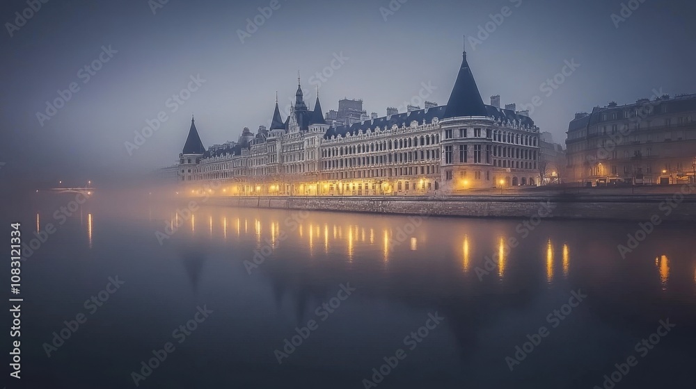 Obraz premium Atmospheric Misty Scene of Historic Architecture by River, Captivating View of Illuminated Buildings, Enchanting Fog and Serene Water Reflection at Dusk