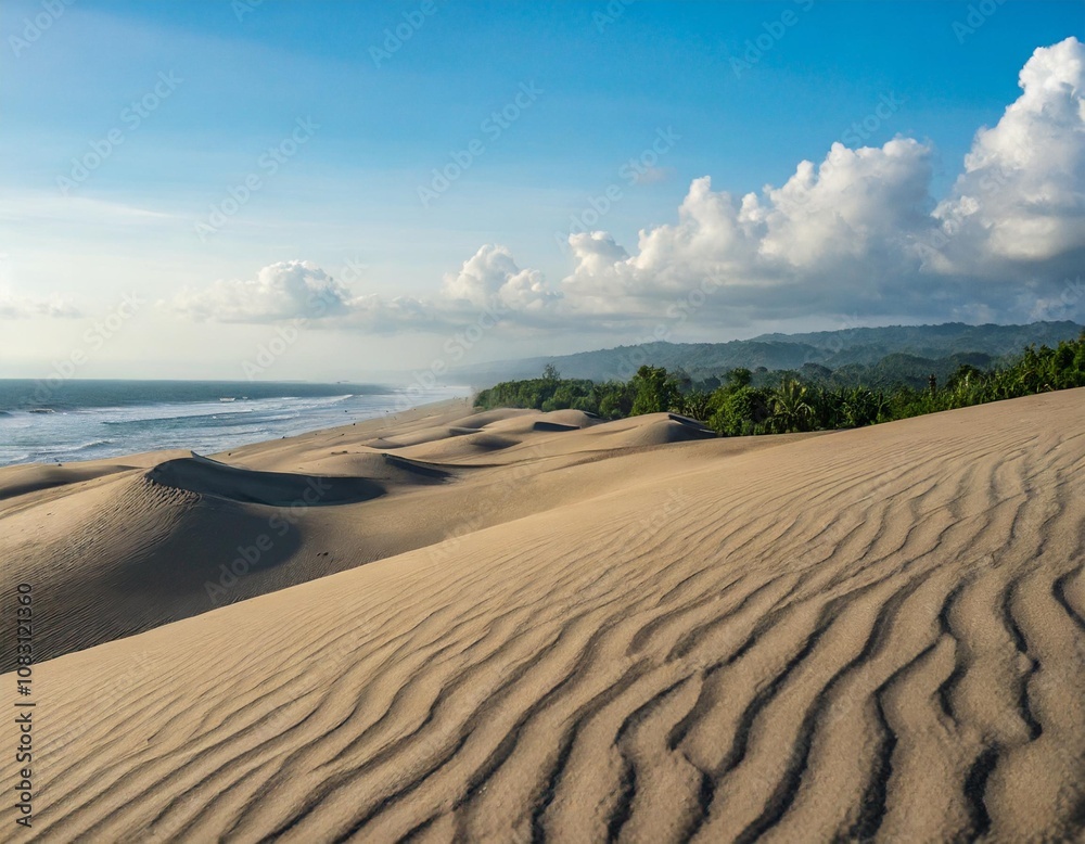 Fototapeta premium The Expansive Sand Dunes of Parangkusumo Beach, Yogyakarta, Where the Wind Sweeps Across the Rolling Sandscape, Creating Unique Desert-Like Patterns Along Java’s Southern Coast