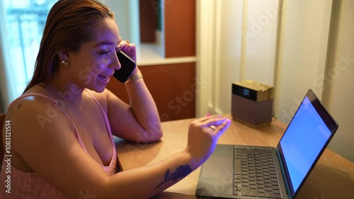 Beautiful latin woman typing on keyboard laptop sitting at desk