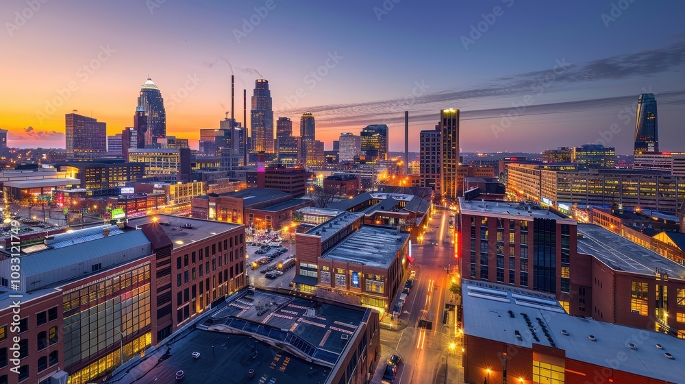 Obraz premium Aerial View of Urban Skyline at Dusk with Vibrant Lights and Modern Architecture in a Bustling City Scene