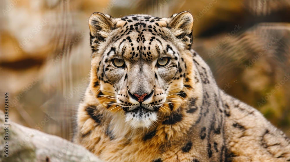 Obraz premium Majestic Close-Up of a Snow Leopard Featuring Distinctive Coat Patterns and Intense Gaze in Natural Habitat, Radiating Strength and Grace