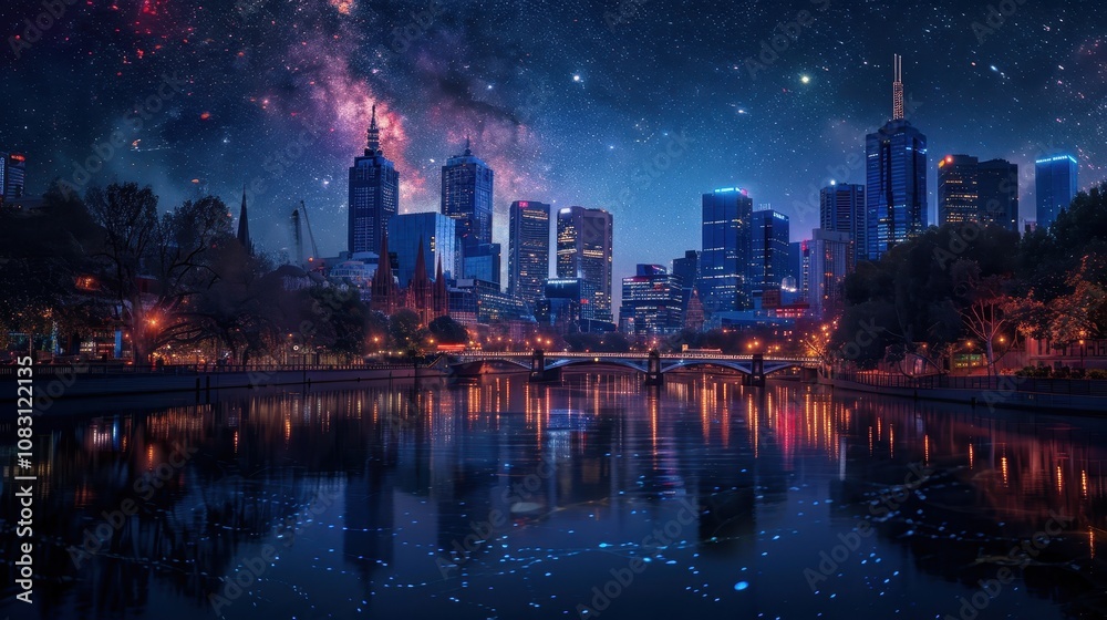 Naklejka premium Stunning Night Cityscape of Melbourne with a Starry Night Sky and Reflections on the Yarra River, Illuminated Buildings, and Vibrant Urban Life