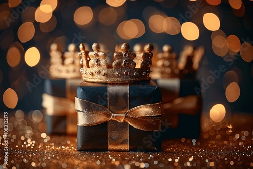 Three Gold Crowns on Glittery Background for Epiphany Day Celebration photo