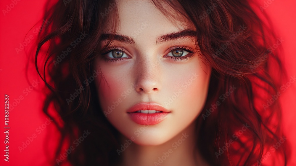 Fototapeta premium Close-up portrait of a young woman with wavy brown hair and gray eyes against a red background.